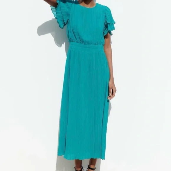 💫HP‼️💫 NWT ZARA Pleated Midi Dress in Teal, Size Medium - Picture 3 of 11